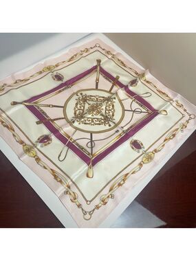 100% Silk Equestrian Print Square Scarf Pink Purple Gold